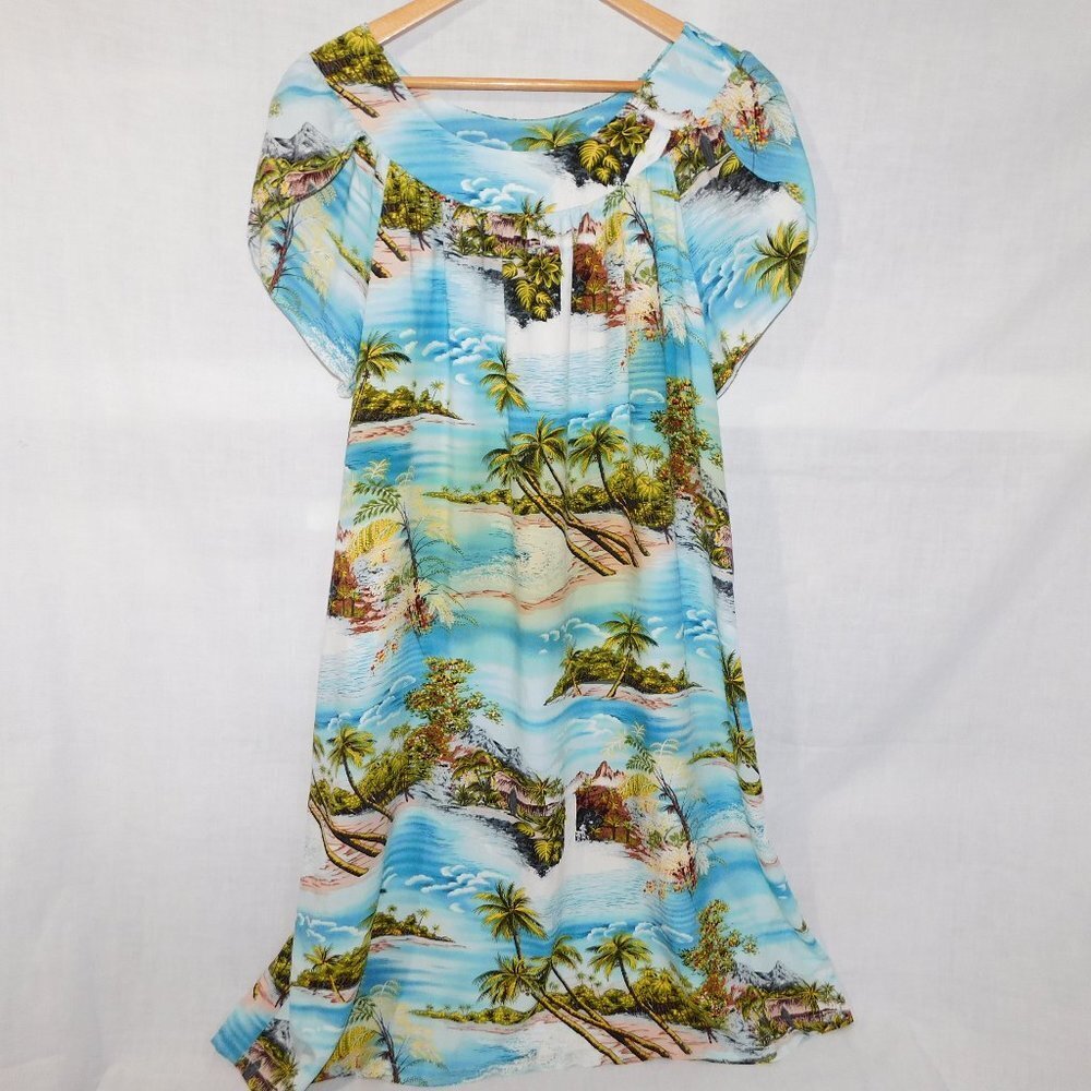 VTG Hawaiian Dress MuuMuu Island Ocean Print Blue Puanani RJC Rayon Womens L